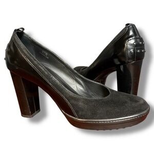 Tod's Black‎ Suede & Leather Block Heel Platform Pumps Shoes Size 37.5 US 7.5